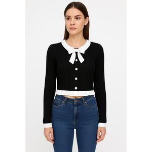 NWT Shein Black White Bow Tie Textured Fabric Button‎ Front Cardigan XS